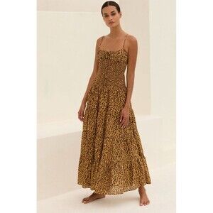 Anthropologie Dress Maxi Women  Josephine Brown Smocked Drop Waist XS NWT